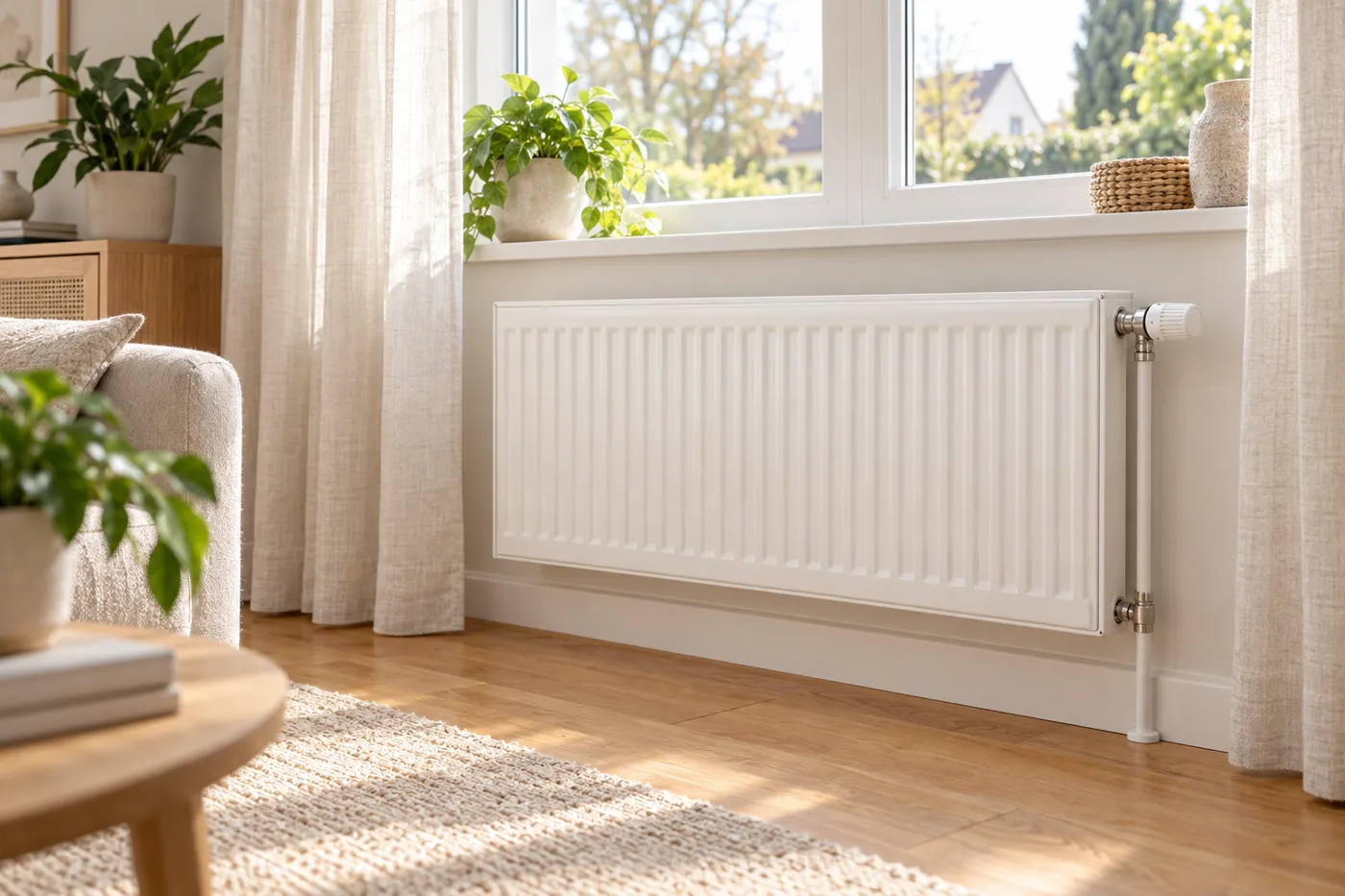 Radiateur en acier avec robinet thermostatique sous une fenêtre, dans le séjour d'un pavillon